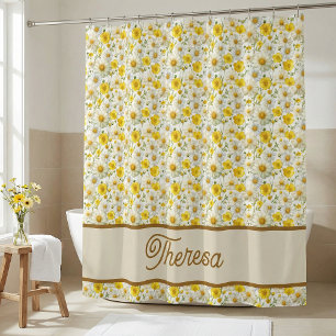 Yellow Wildflowers Pattern Monogram Name Shower Curtain