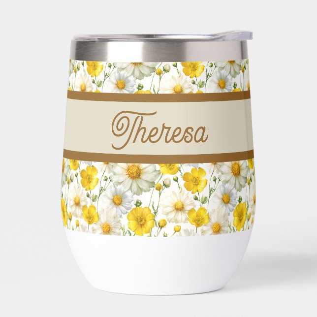 Yellow Wildflowers Pattern Monogram Name Thermal Wine Tumbler (Left)