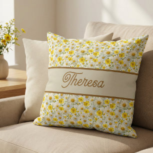 Yellow Wildflowers Pattern Monogram Name Throw Pillow