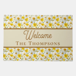 Yellow Wildflowers Pattern Welcome Family Name Doormat