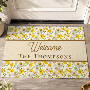Yellow Wildflowers Pattern Welcome Family Name Doormat