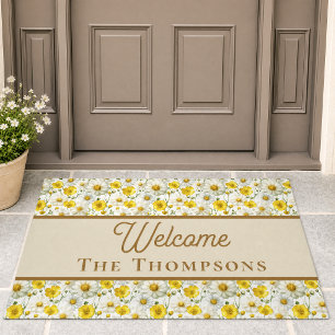Yellow Wildflowers Pattern Welcome Family Name Doormat