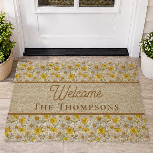 Yellow Wildflowers Pattern Welcome Family Name Fiber Doormat