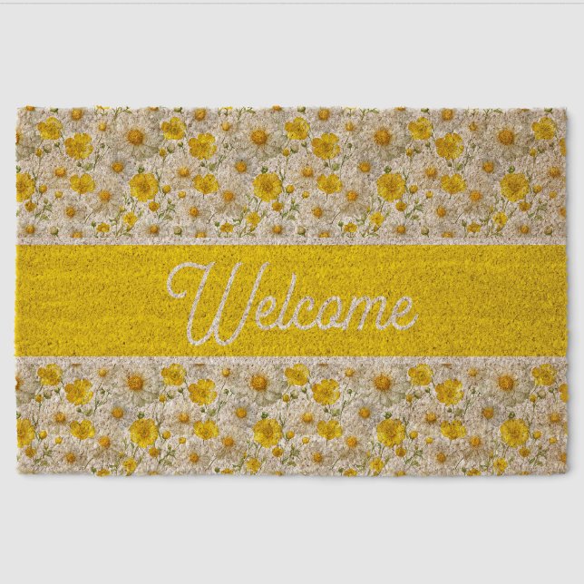 Yellow Wildflowers Pattern Welcome  Fiber Doormat (Front)
