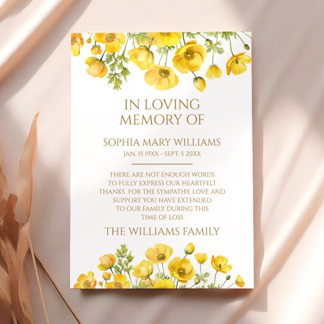Yellow Wildflowers Sympathy Memory Thank You Card (Creator Uploaded)
