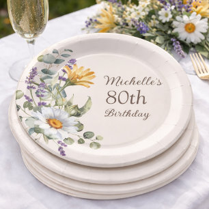 Yellow Wildflowers White Daisies 80th Birthday Paper Plates