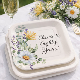 Yellow Wildflowers White Daisies Cheers 80 Years Paper Plates