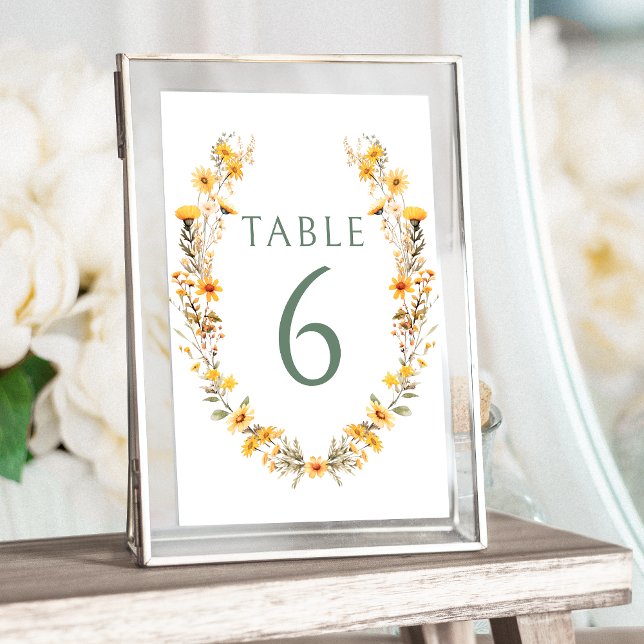 Yellow wildflowers wreath wedding table numbers (Creator Uploaded)