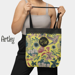Yellow William Morris Floral Hummingbird Monogram Tote Bag