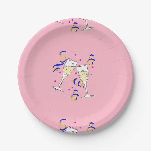 yellow wine on pink paper plates (Front)