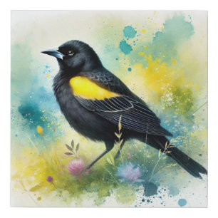 Yellow winged blackbird 110924AREF131 - Watercolor Faux Canvas Print