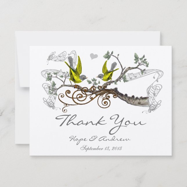 Yellow Winged & Gray Vintage Love Birds  Thank You (Front)