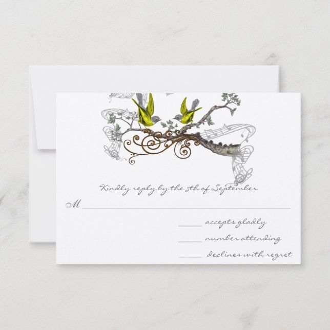 Yellow Winged Gray Vintage Love Birds Wedding RSVP (Back)