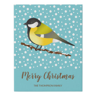 Yellow Winter Christmas Bird &amp; Custom Family Name Faux Canvas Print