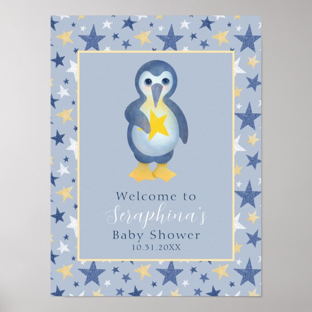 Yellow Winter Star Penguin Baby Shower Welcome Poster (Front)