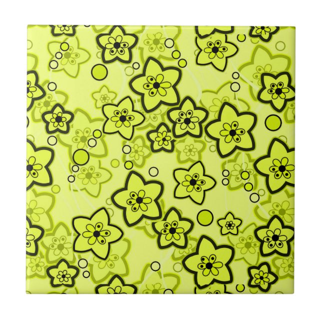 Yellow with black bright neon floral pattern ceramic tile (Front)