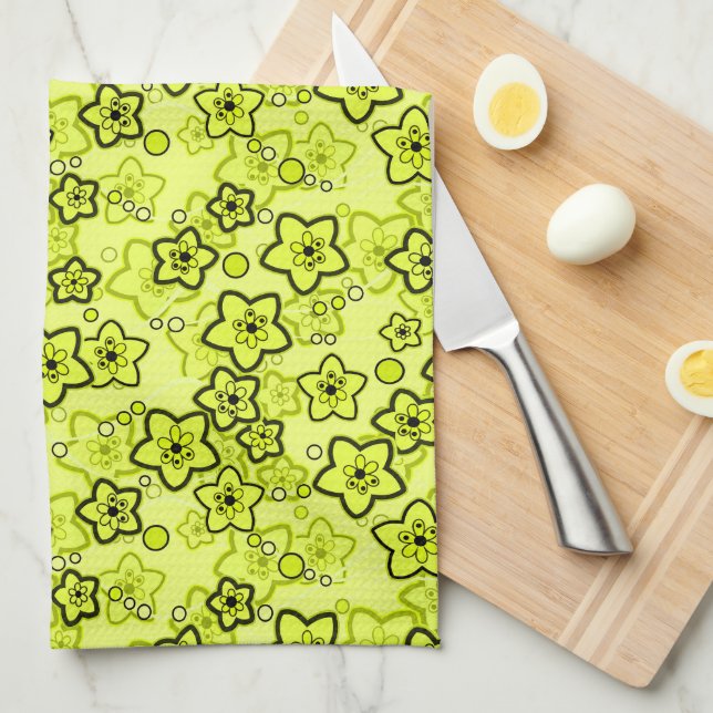 Yellow with black bright neon floral pattern kitchen towel (Quarter Fold)