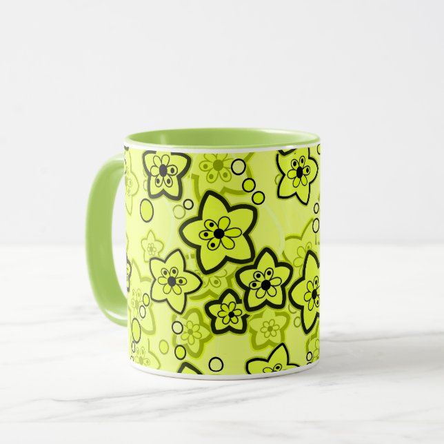 Yellow with black bright neon floral pattern mug (Front Left)