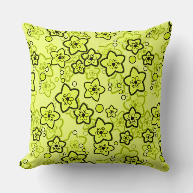 Yellow with black bright neon floral pattern throw pillow (Front)