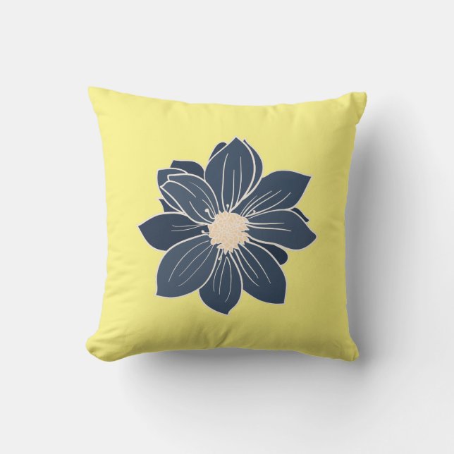 Yellow with Blue Flower Throw Pillow (Front)