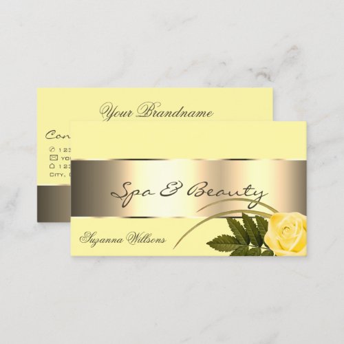 Yellow with Gold Decor and Cute Rose Flower Modern Business Card