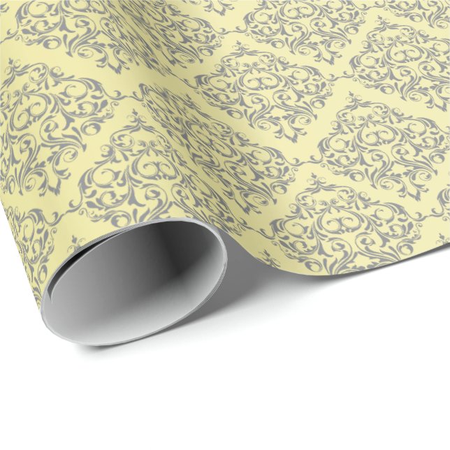 Yellow with Gray Damask Pattern Wrapping Paper (Roll Corner)