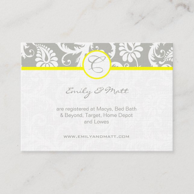 Yellow with Gray Damask Wedding Info Cards (Front)
