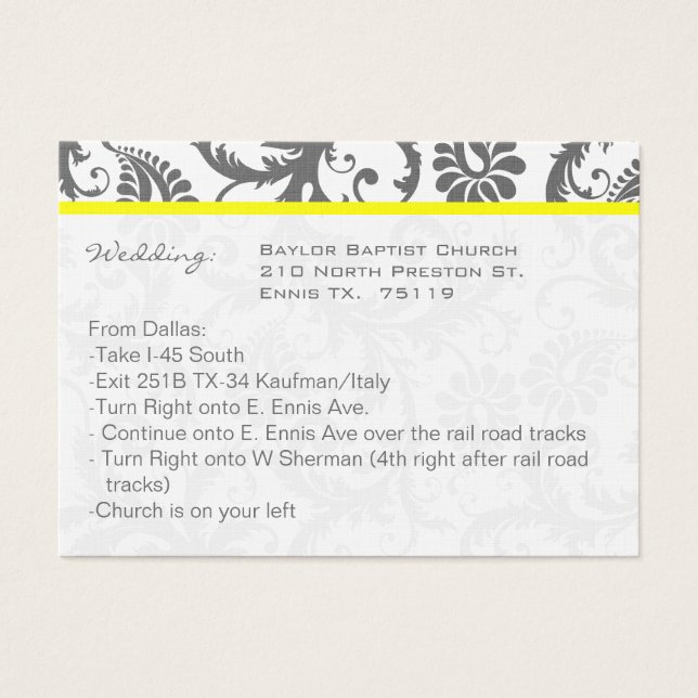 Yellow with Gray Damask Wedding Info Cards (Front)