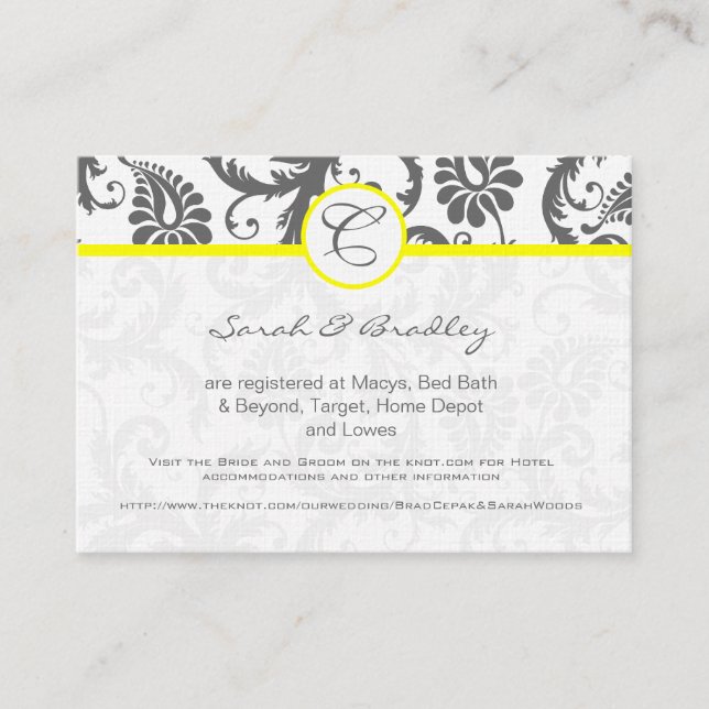 Yellow with Gray Damask Wedding Info Cards (Front)