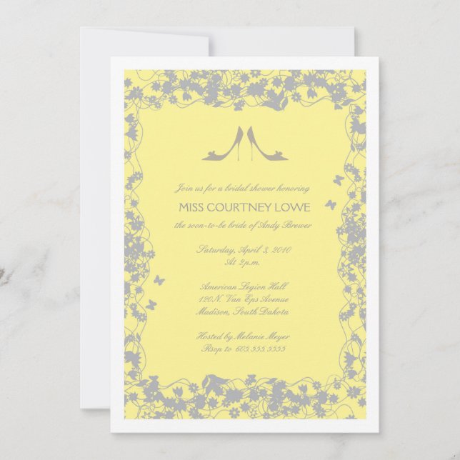 Yellow with Gray Heels Bridal Shower Invitation (Front)