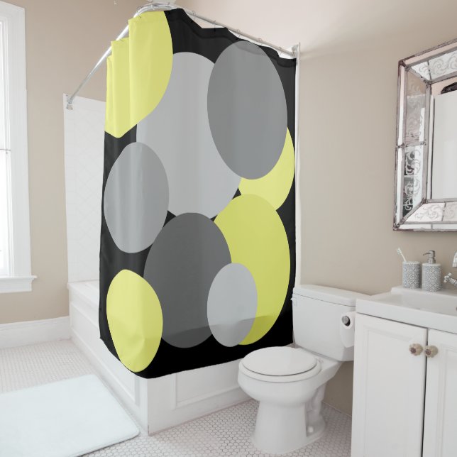 Yellow with Gray Polka Dots shower curtain (In Situ)
