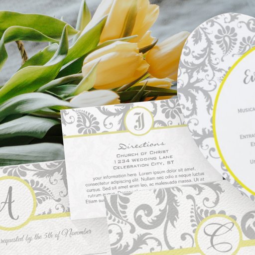 Customizable Yellow with light Gray Damask Wedding Info Cards Business Card Templates