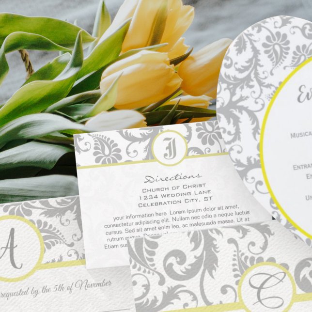 Yellow with light Gray Damask Wedding Info Cards (Creator Uploaded)