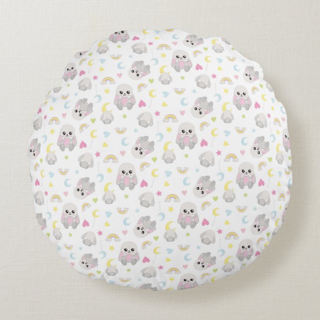YELLOW WITH PLUSH BUNNIES MOONS STARS ROUND PILLOW (Front)