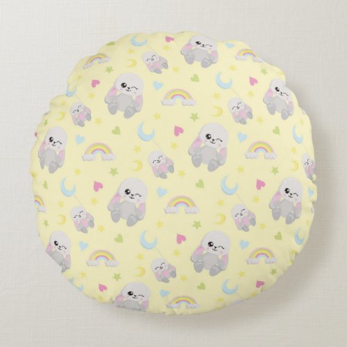 YELLOW WITH PLUSH BUNNIES MOONS STARS ROUND PILLOW