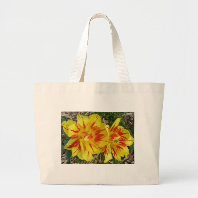Yellow with Red Striped Flower Large Tote Bag (Front)