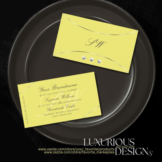 Yellow with Silver Decor Diamonds and Monogram Business Card (Creator Uploaded)