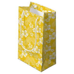 YELLOW WITH TROPICAL WHITE HIBISCUS FLOWERS SMALL GIFT BAG