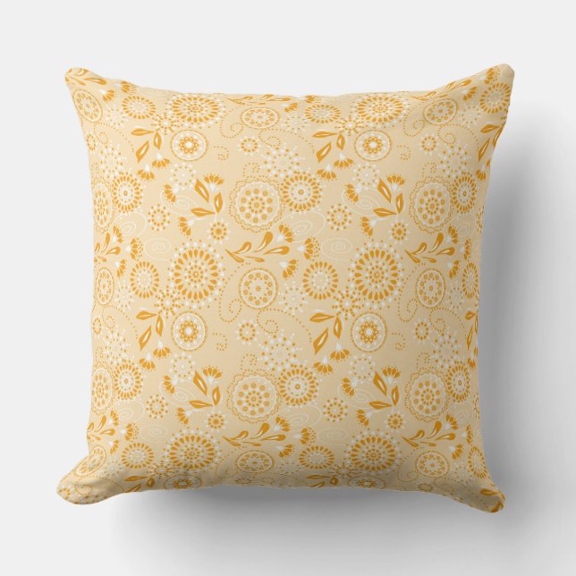 Yellow with white abstract floral retro pattern throw pillow (Front)
