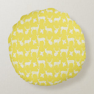 Yellow With White Deer Round Pillow