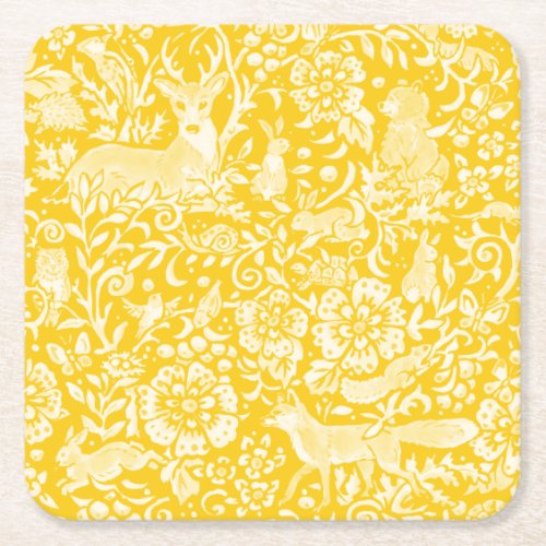 Yellow Woodland Animal Floral Nature Fox Rabbit  Square Paper Coaster