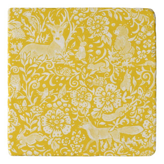Yellow Woodland Animal Floral Nature Fox Rabbit  Trivet (Front)