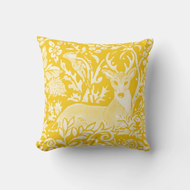 Yellow Woodland Deer Floral Nature Throw Pillow (Front)