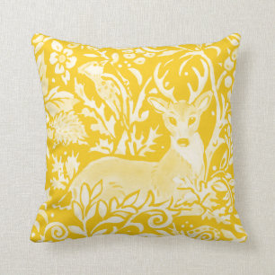 Yellow Woodland Deer Floral Nature Throw Pillow
