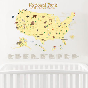 Yellow Woodland US National Parks Map Nursery Wall Decal