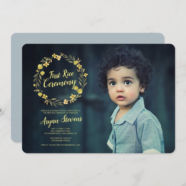 Yellow Wreath First Rice Ceremony Invitation (Front/Back)