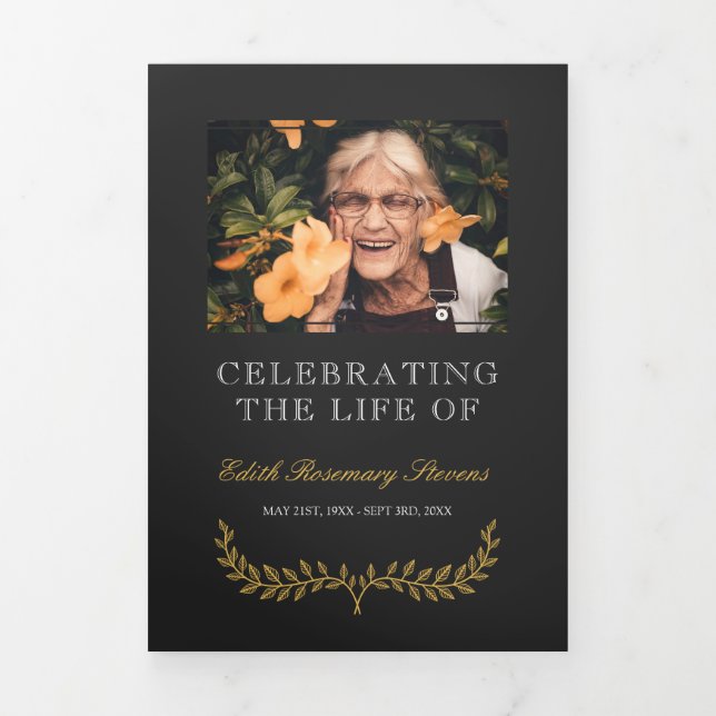 Yellow Wreath Photo Funeral Tri-Fold Program (Cover)