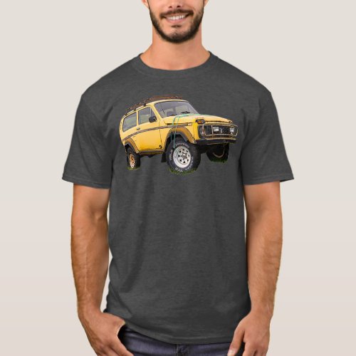 Yellow wrecked and abandoned Lada Niva car T_Shirt