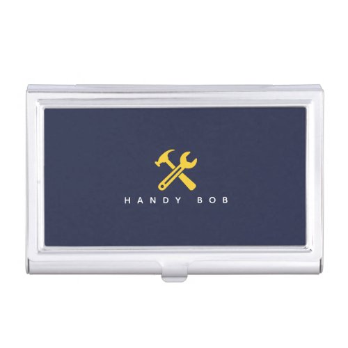 Yellow Wrench  Hammer on Blue Simple Handyman Business Card Case