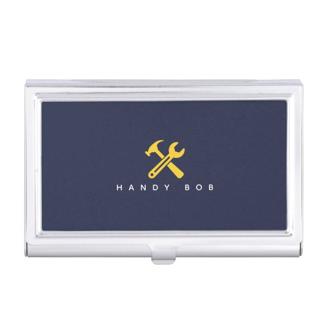 Yellow Wrench & Hammer on Blue Simple Handyman Business Card Case (Front)